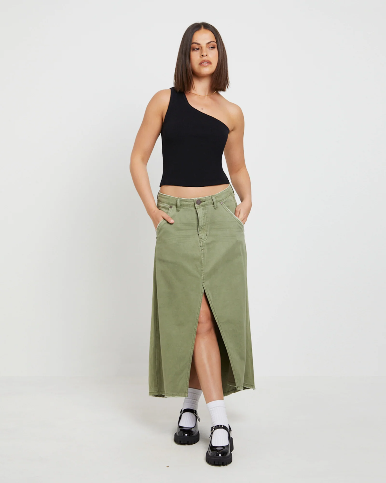 St Khaki Mrs Carter Long Denim Skirt in Green - Image 3