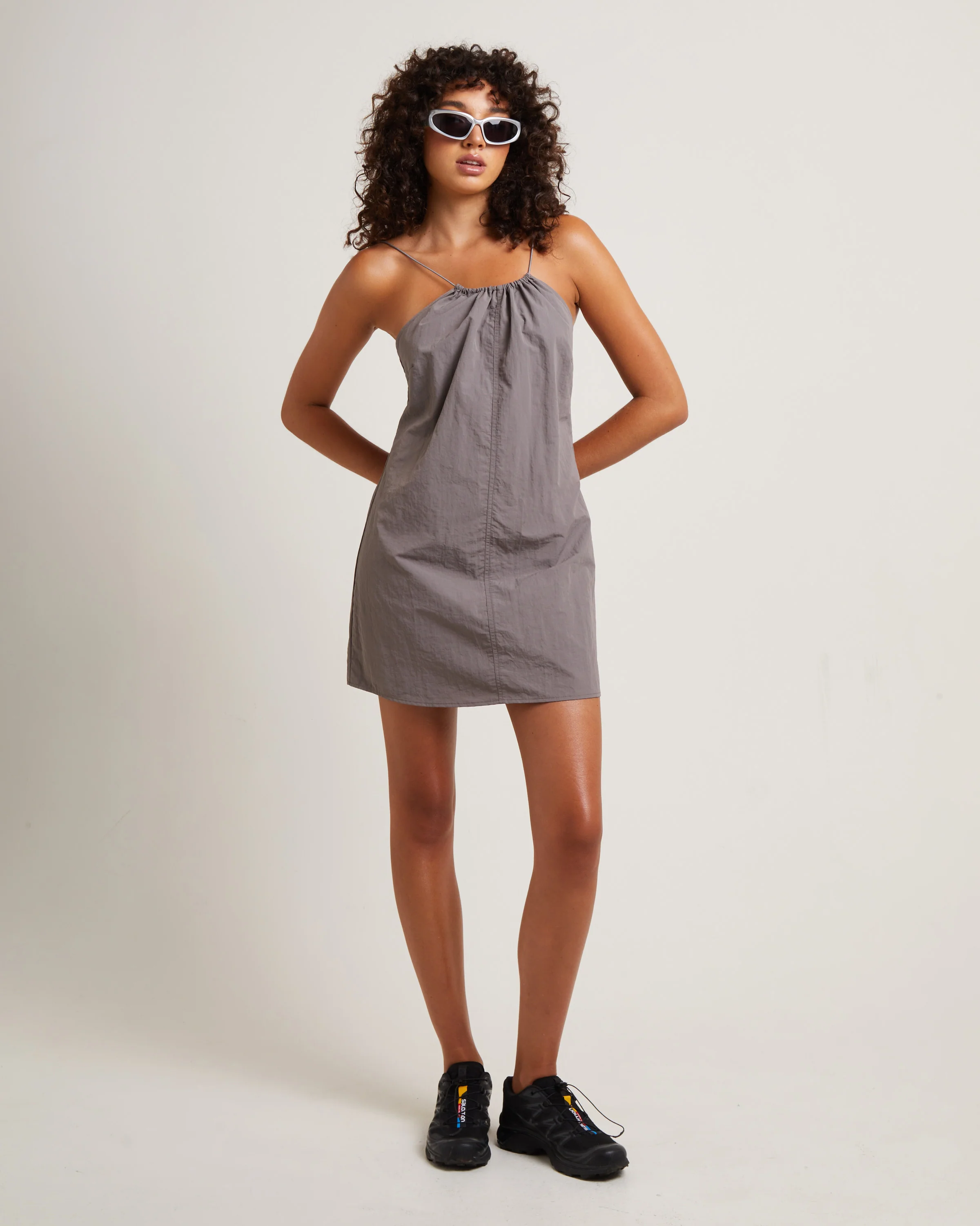 Tech Halter Neck Mini Dress in Peat - Image 3