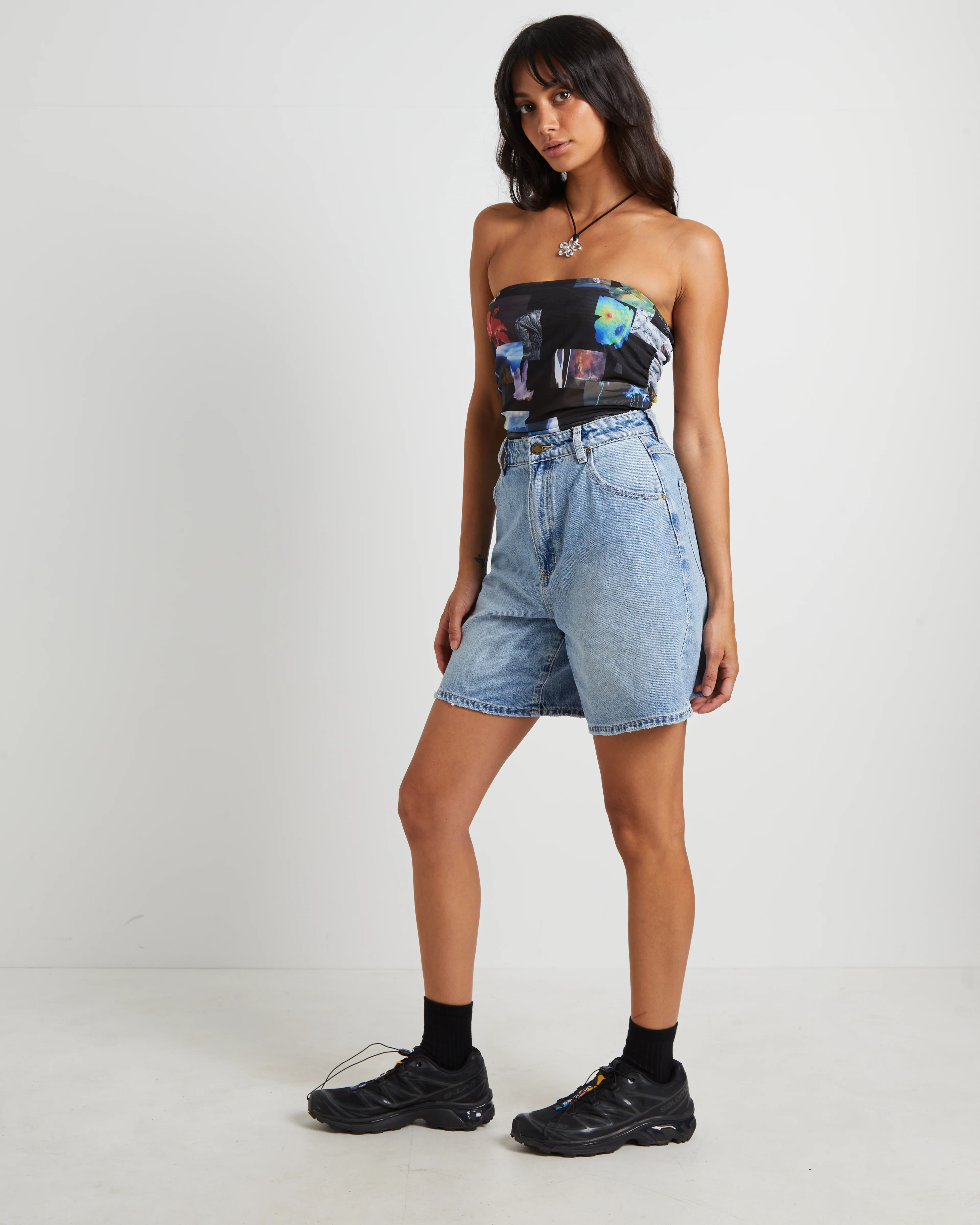 Under Pressure Recycled Sheer Strapless Top in Black - Image 5