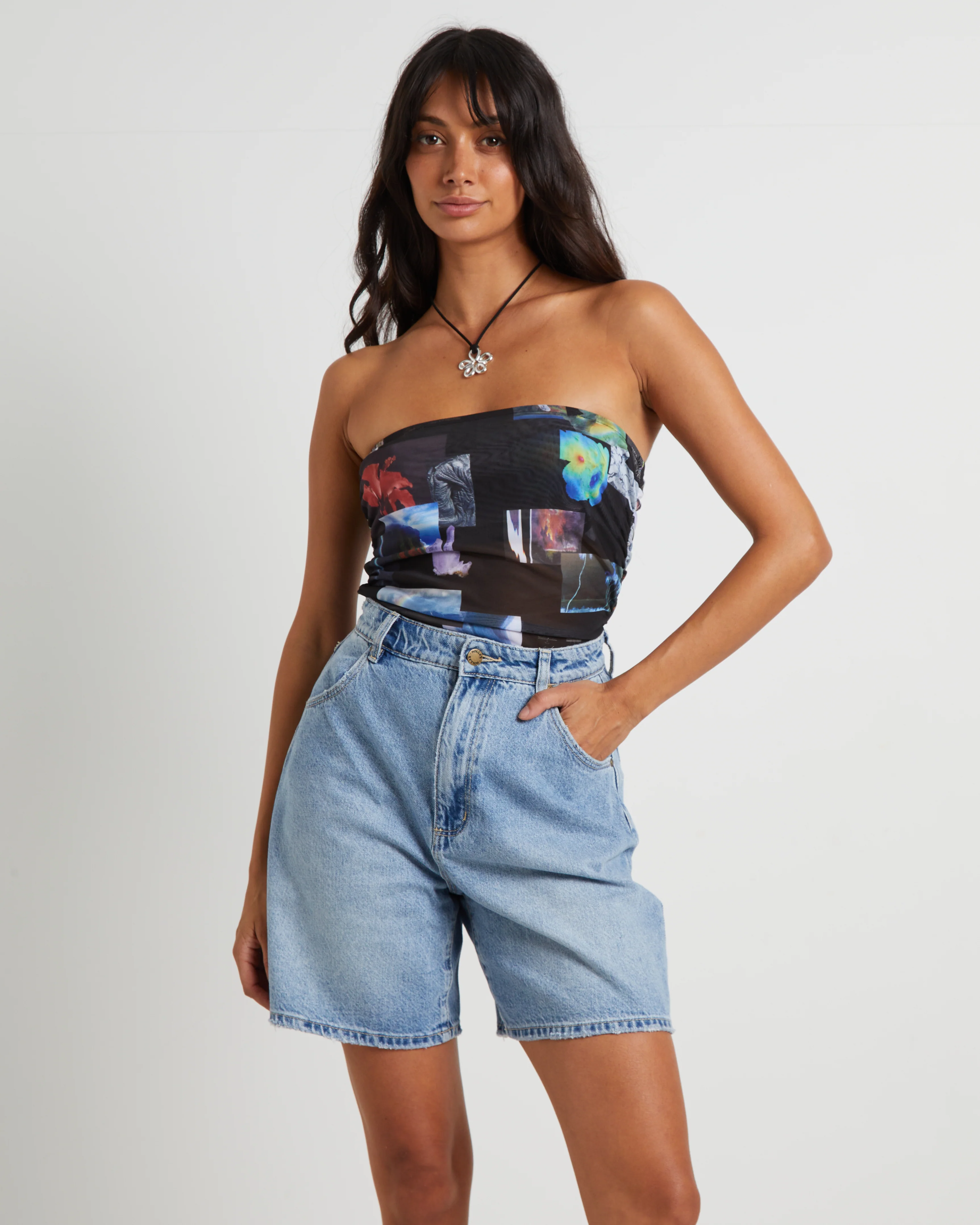 Under Pressure Recycled Sheer Strapless Top in Black - Image 7