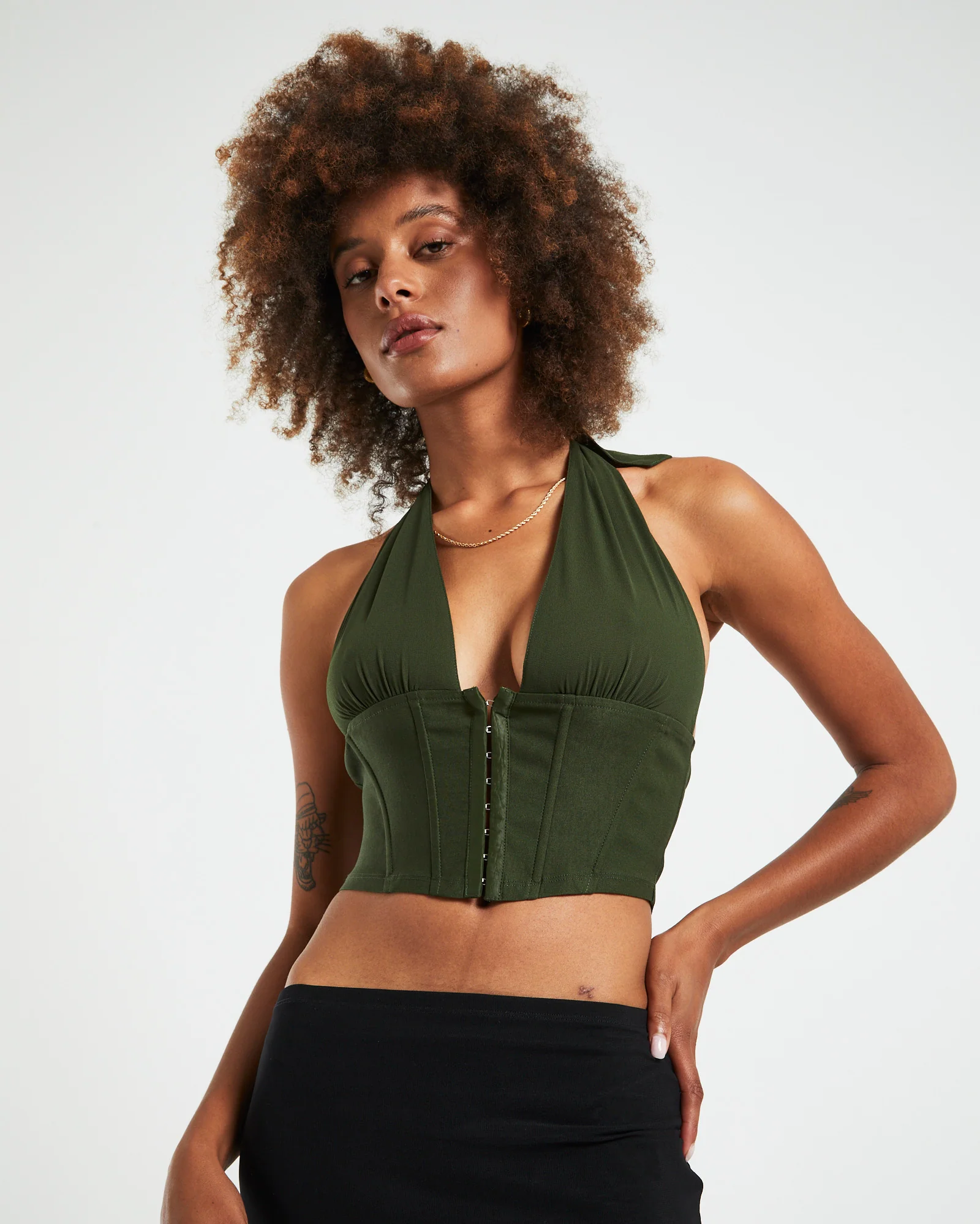 Vesper Eyelet Front Halter Corset Khaki - Image 2