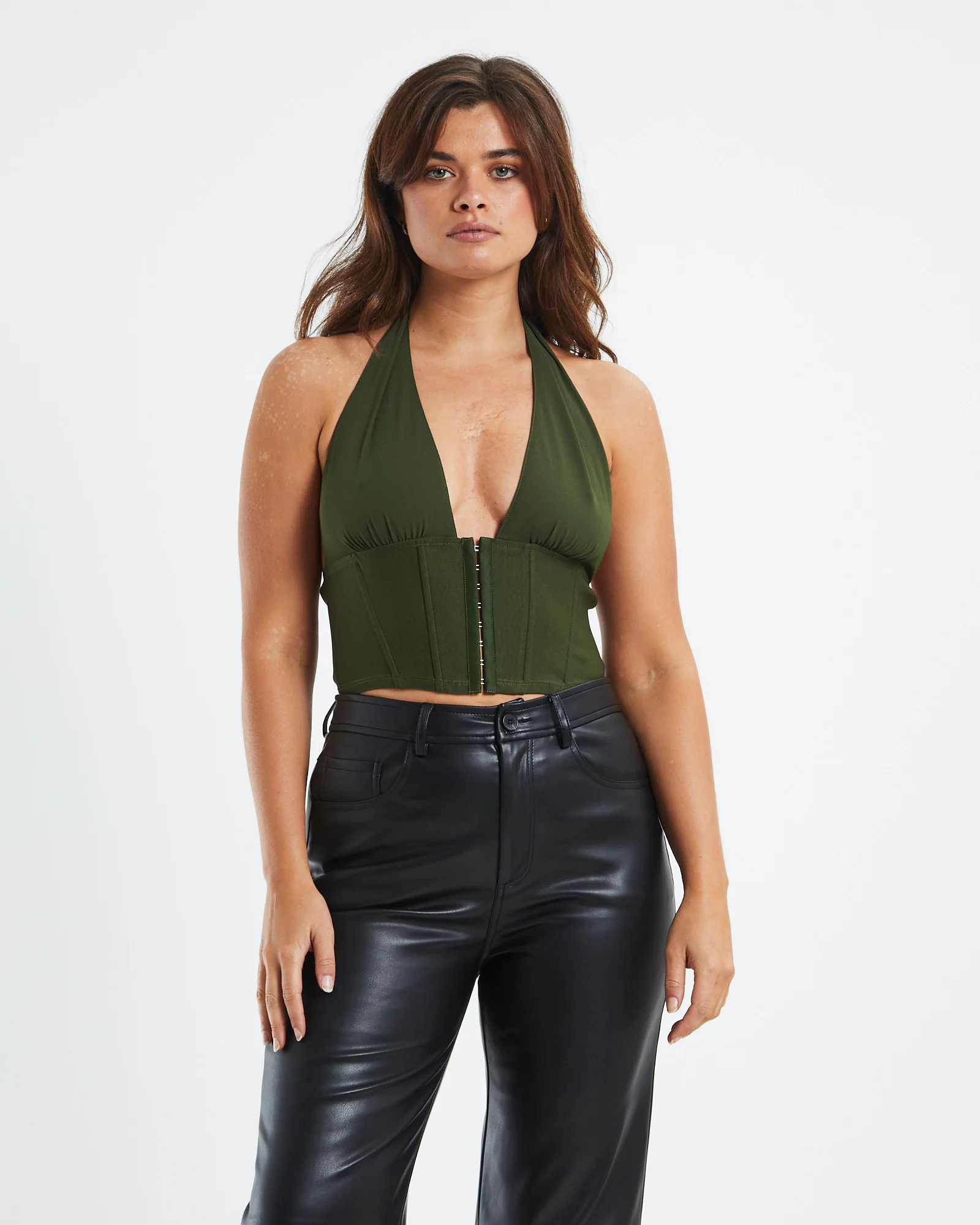 Vesper Eyelet Front Halter Corset Khaki - Image 3