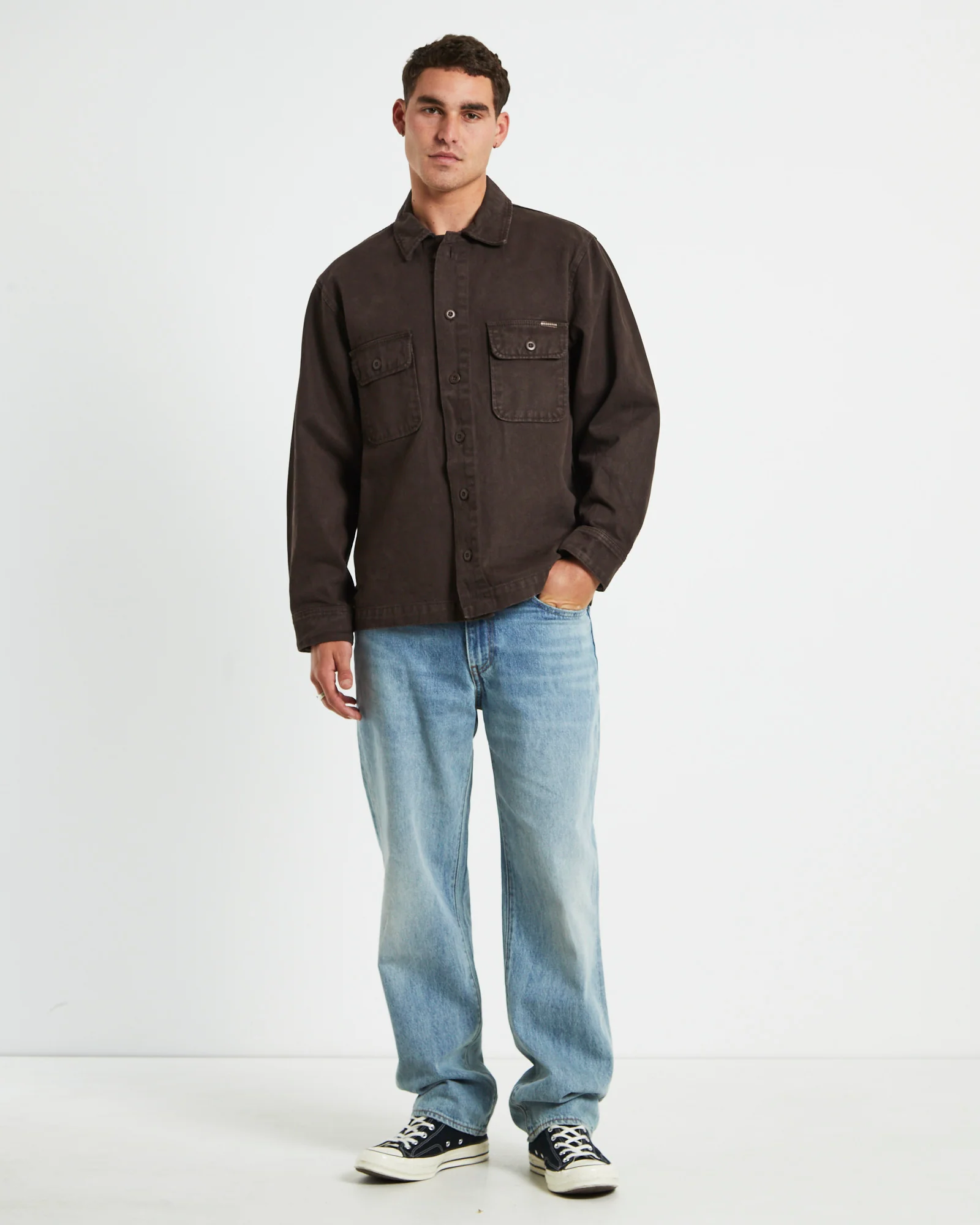 Windsor Twill Long Sleeve Overshirt in Umber Brown - Image 3