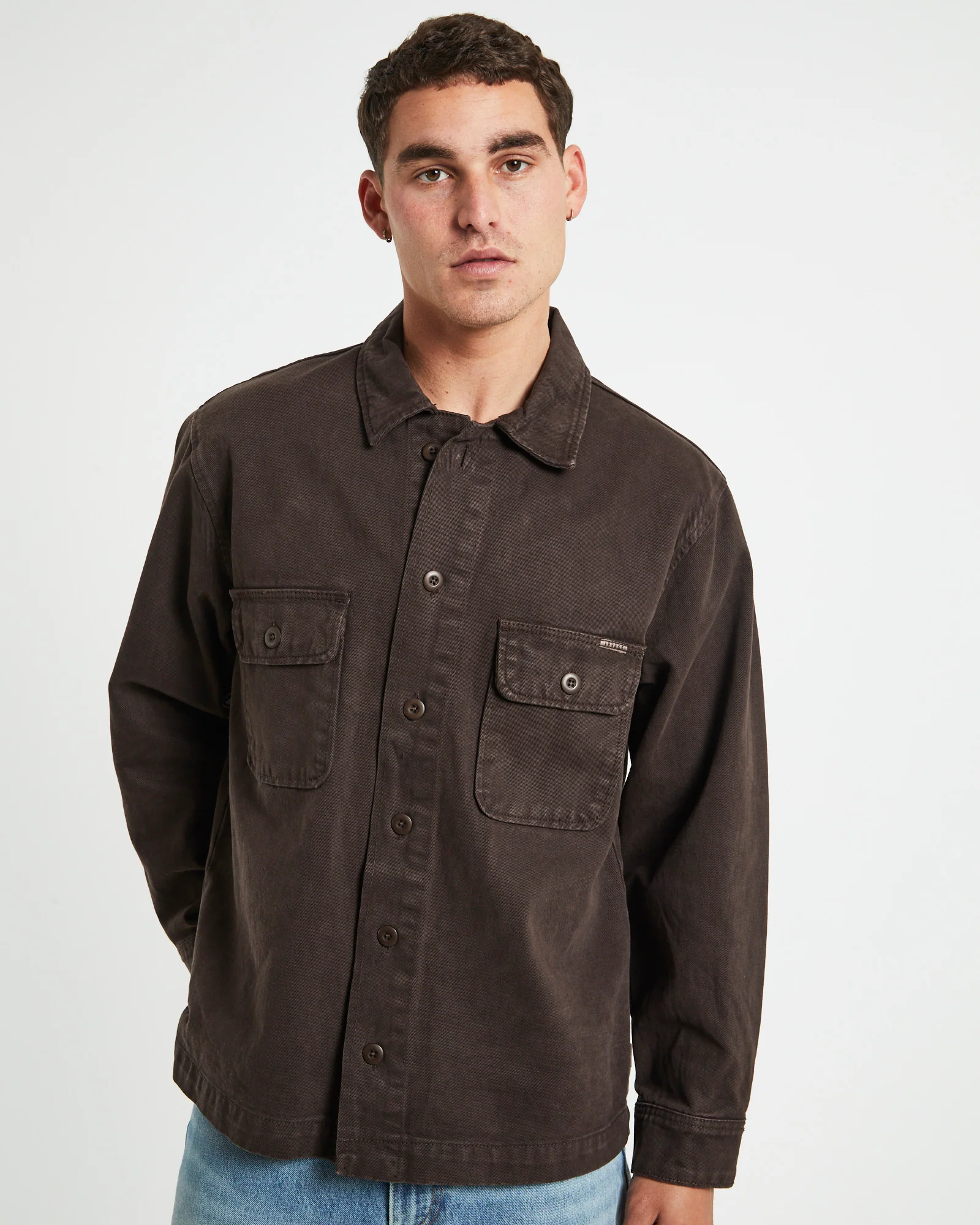 Windsor Twill Long Sleeve Overshirt in Umber Brown - Image 5