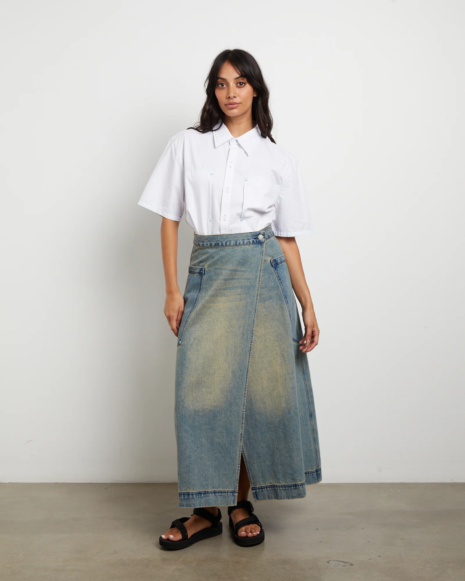 Wrap Denim Maxi Skirt in Dirty Wash - Image 3