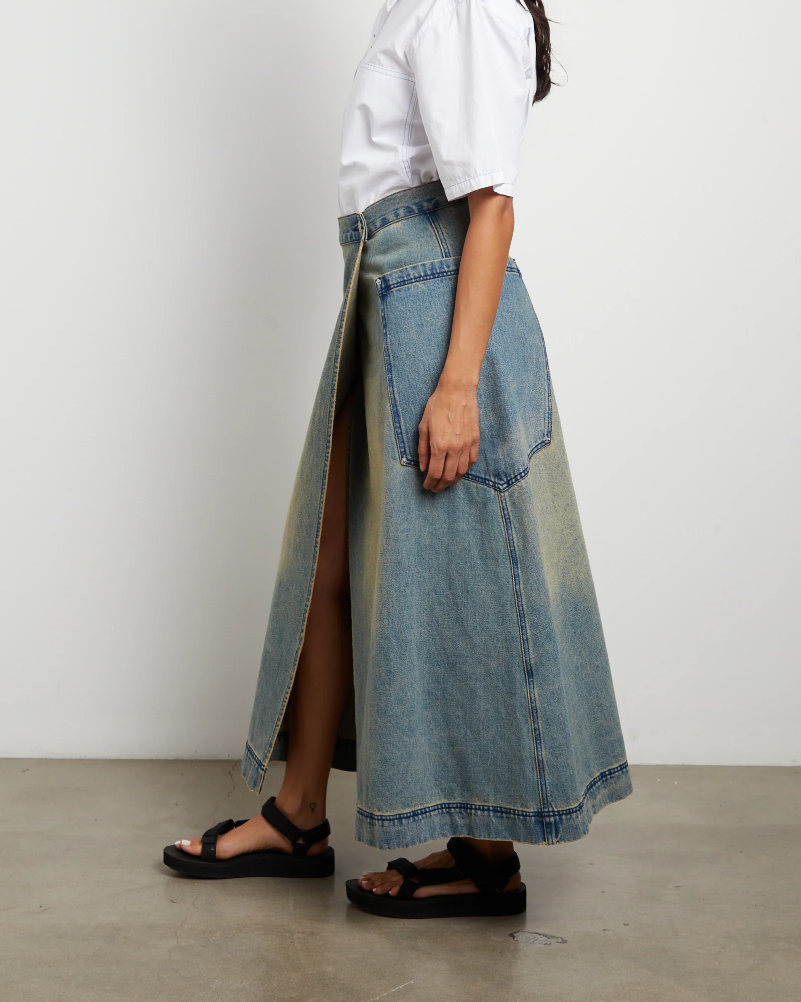 Wrap Denim Maxi Skirt in Dirty Wash - Image 4