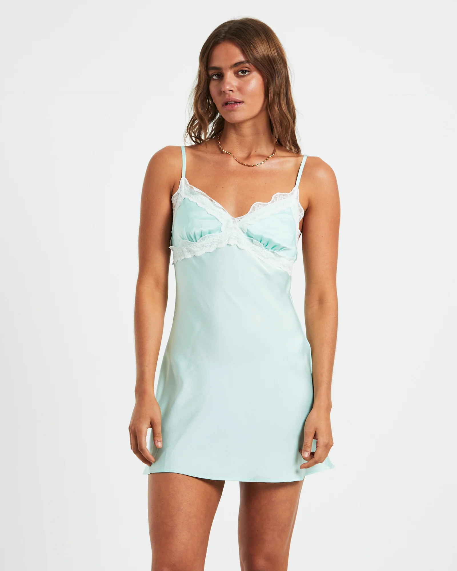 Xia Contrast Lace Trim Mini Dress in Mint - Image 3